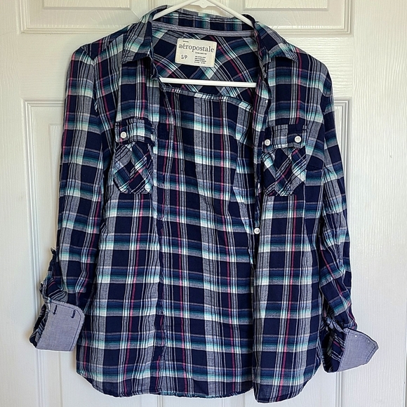 Aeropostale Navy Blue Plaid Button-Up Shirt For Women - Picture 2 of 10
